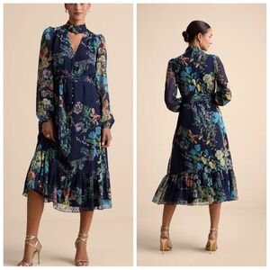 Lulus Fallyn Navy Floral Swiss Dot Long Sleeve Tiered Midi Dress | L | NWT